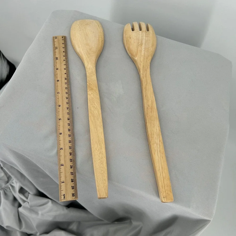 Wooden‎ Salad Servers Set Spoon Fork Serving Utensils Natural Wood Kitchen